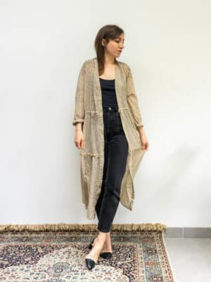 kimono lana - georgette crème plumetis noir