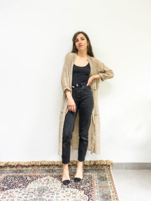 kimono lana - georgette crème plumetis noir