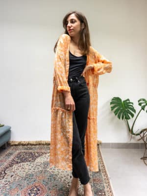 kimono lana - orange imprimé floral