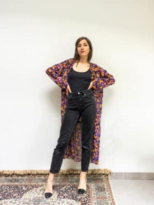 kimono lana - imprimé floral abstrait noir orange fuchsia violet