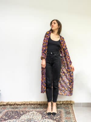kimono lana - imprimé floral abstrait noir orange fuchsia violet