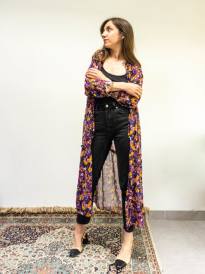 kimono lana - imprimé floral abstrait noir orange fuchsia violet
