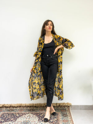 kimono lana - imprimé floral jaune lilas vert sur fond noir